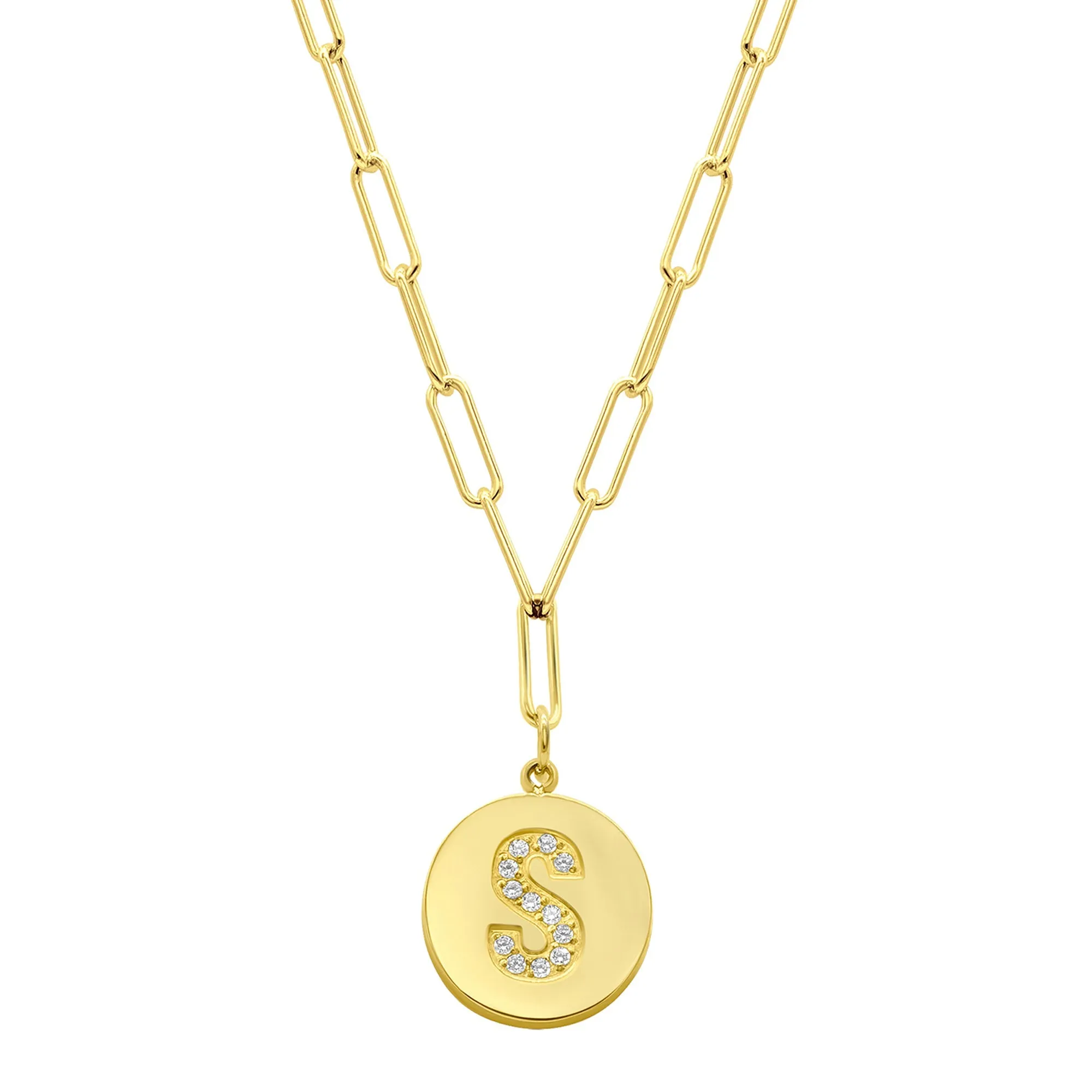 Tarnish Resistant 14K Gold Plated Pave Crystal Initial Disc Paperclip Necklace