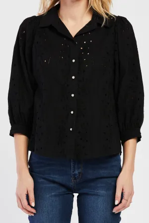 Teehan 3/4 Puff Sleeve Button Down Eyelet Shirt