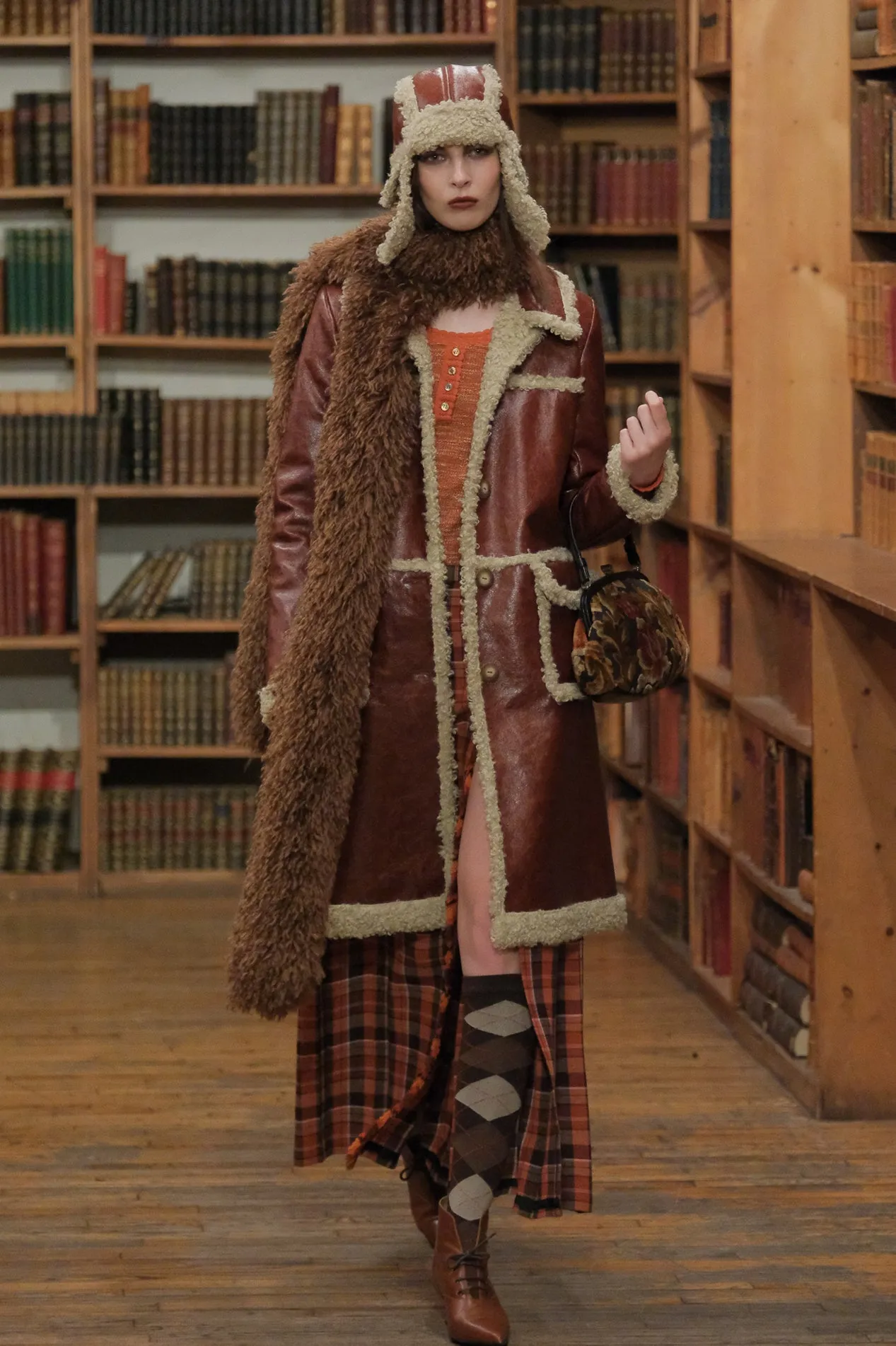 Tobacco Faux Leather with Curly Lamb Trim Coat Annasui