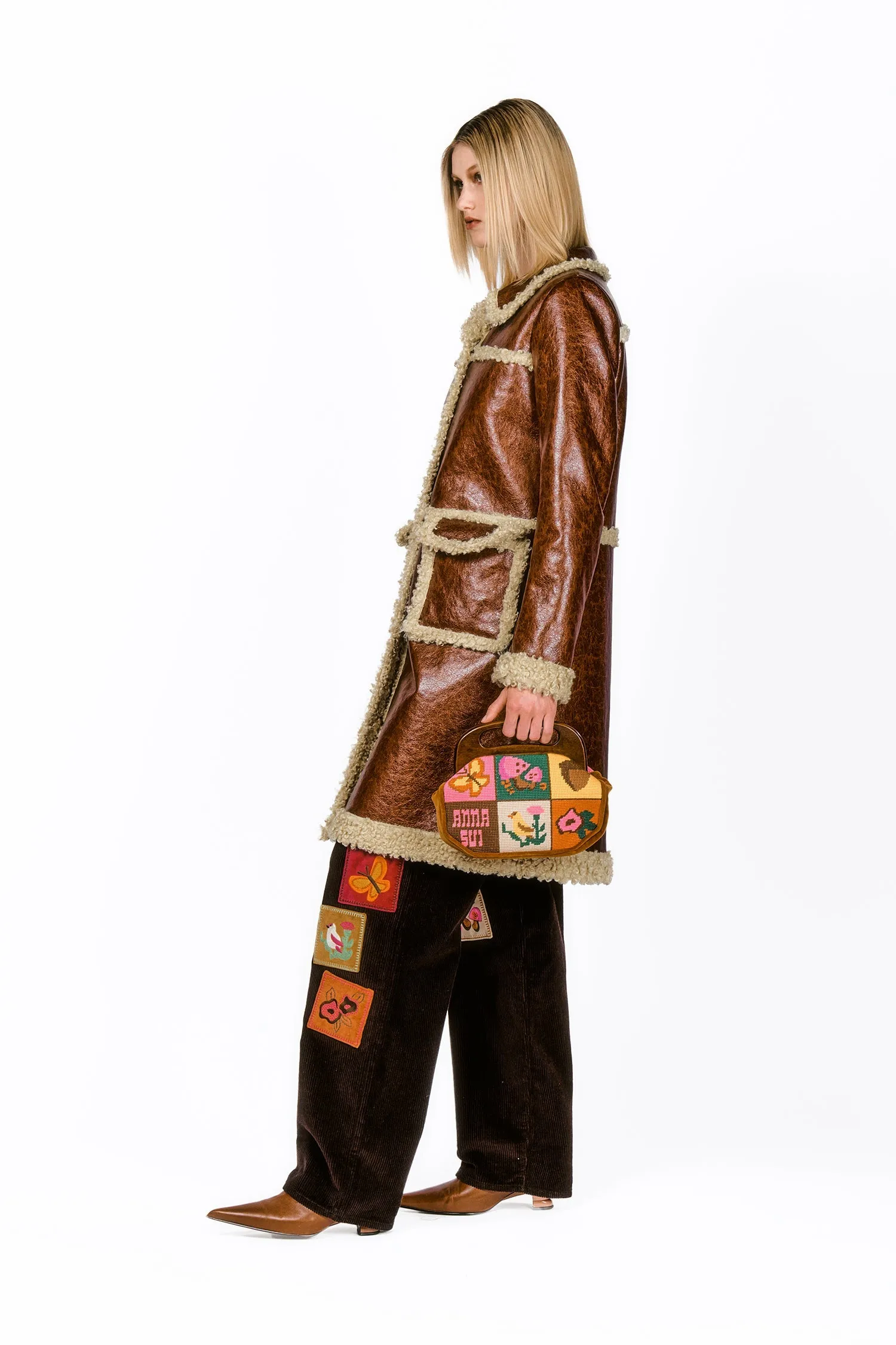 Tobacco Faux Leather with Curly Lamb Trim Coat Annasui