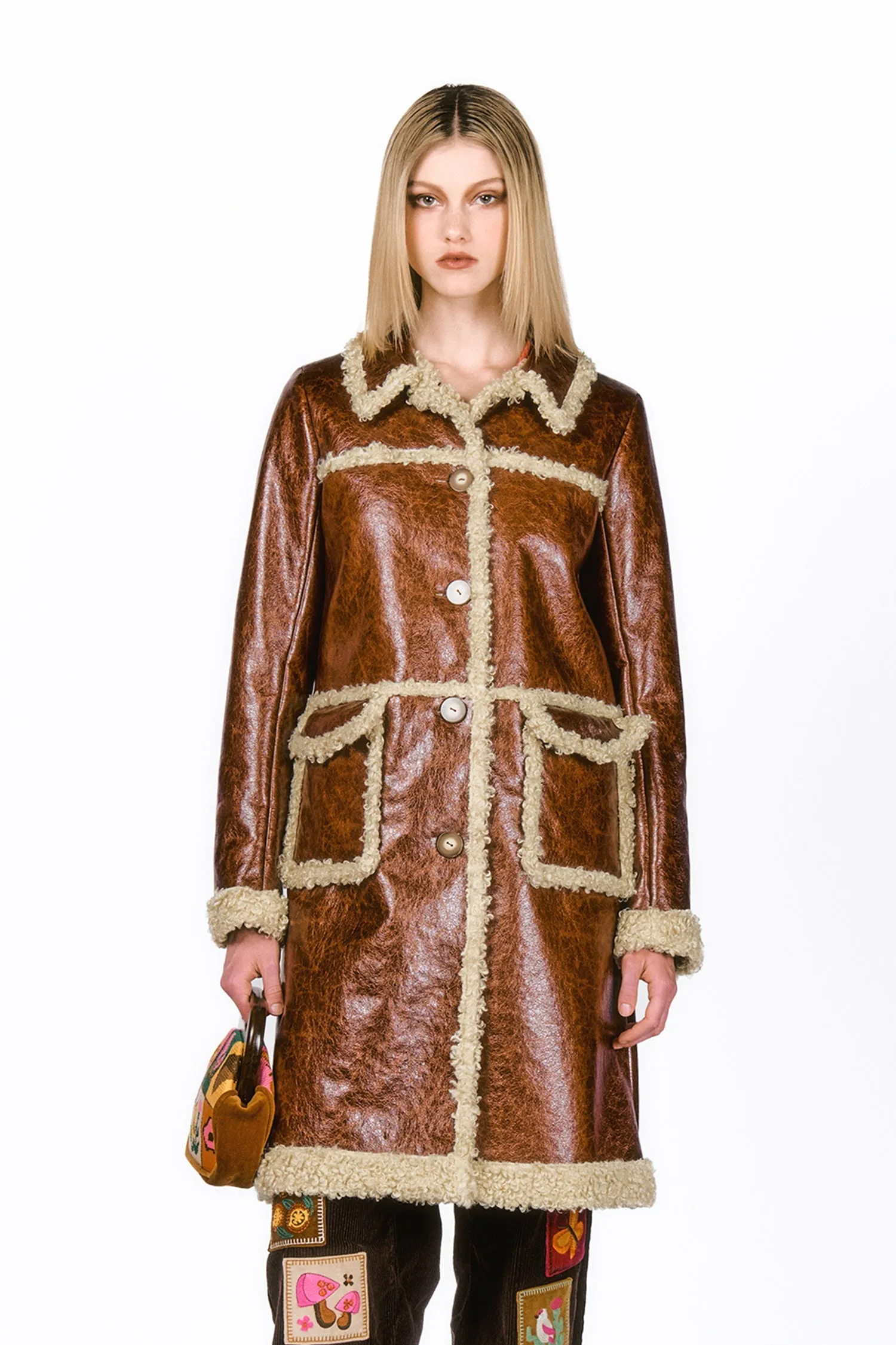 Tobacco Faux Leather with Curly Lamb Trim Coat Annasui