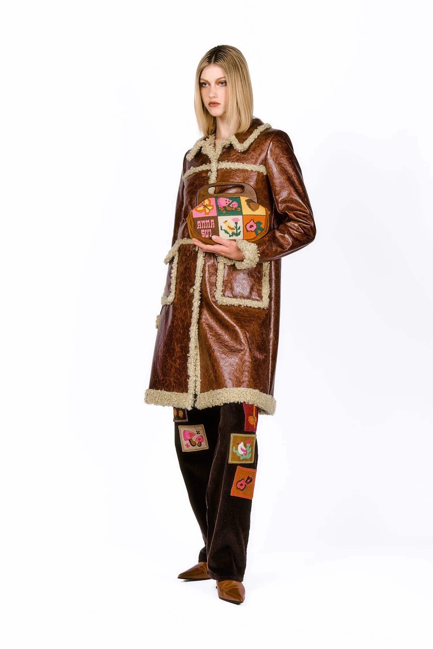 Tobacco Faux Leather with Curly Lamb Trim Coat Annasui