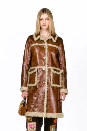Tobacco Faux Leather with Curly Lamb Trim Coat Annasui