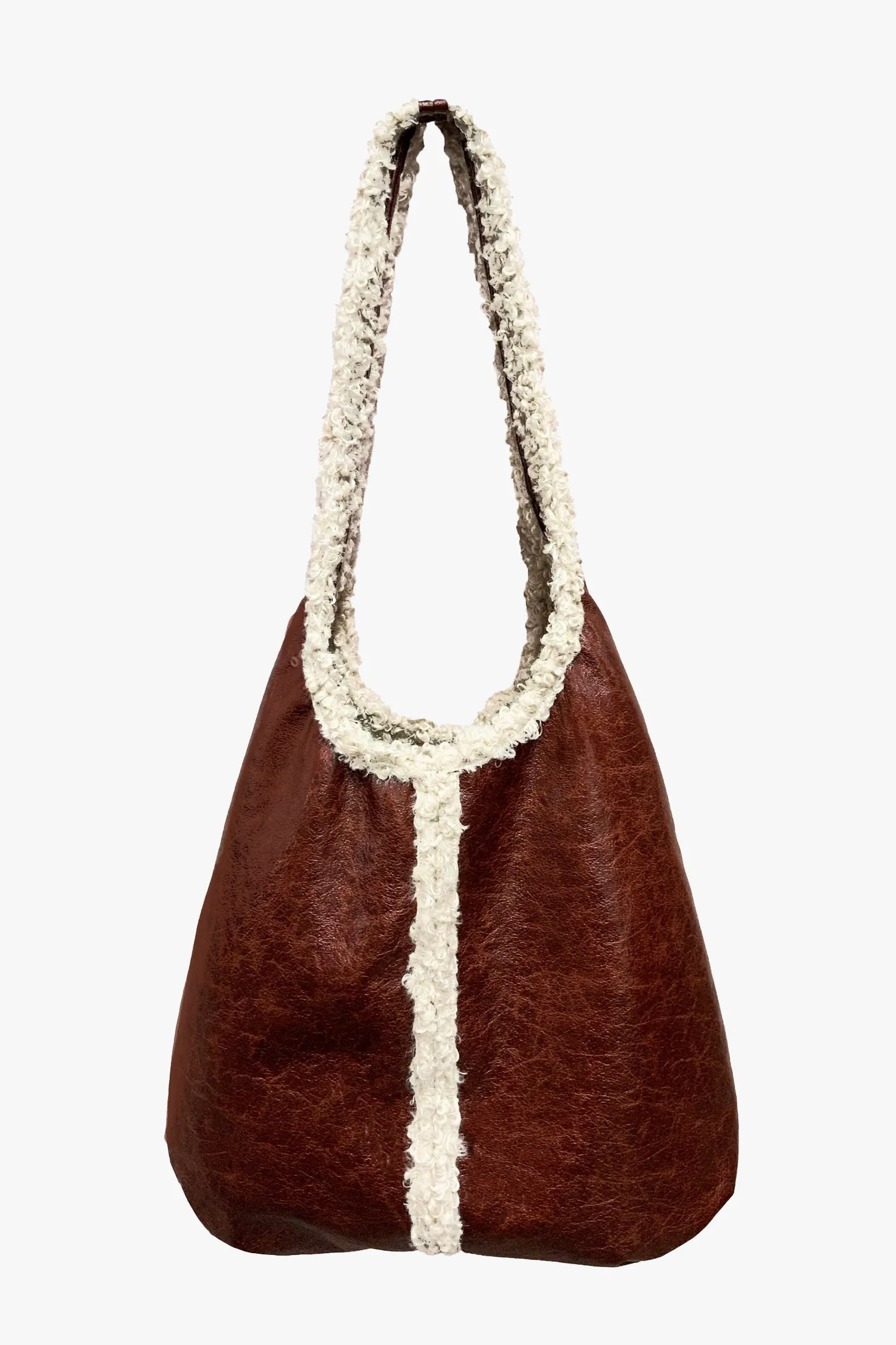 Tobacco Faux Leather with Curly Lamb Trim Hobo Bag Annasui