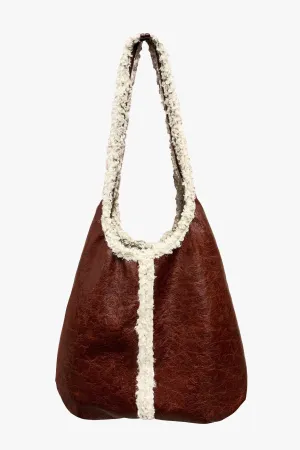 Tobacco Faux Leather with Curly Lamb Trim Hobo Bag Annasui