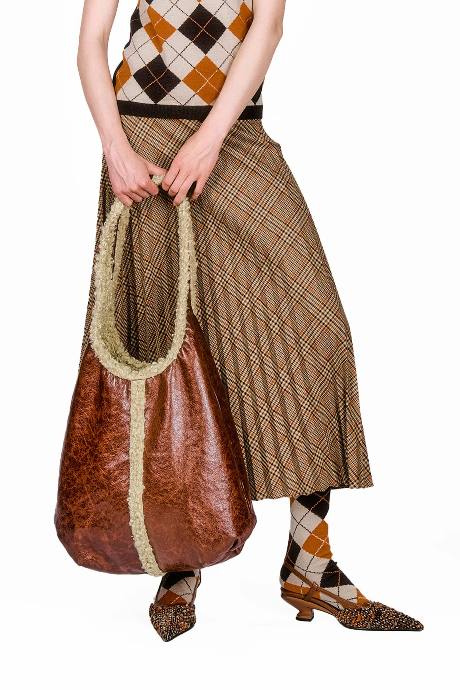 Tobacco Faux Leather with Curly Lamb Trim Hobo Bag Annasui