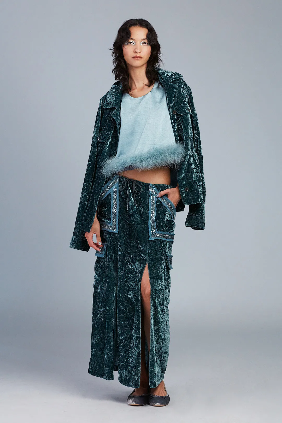 Washed Satin With Lace Top Trimmed With Marabou Feather Annasui