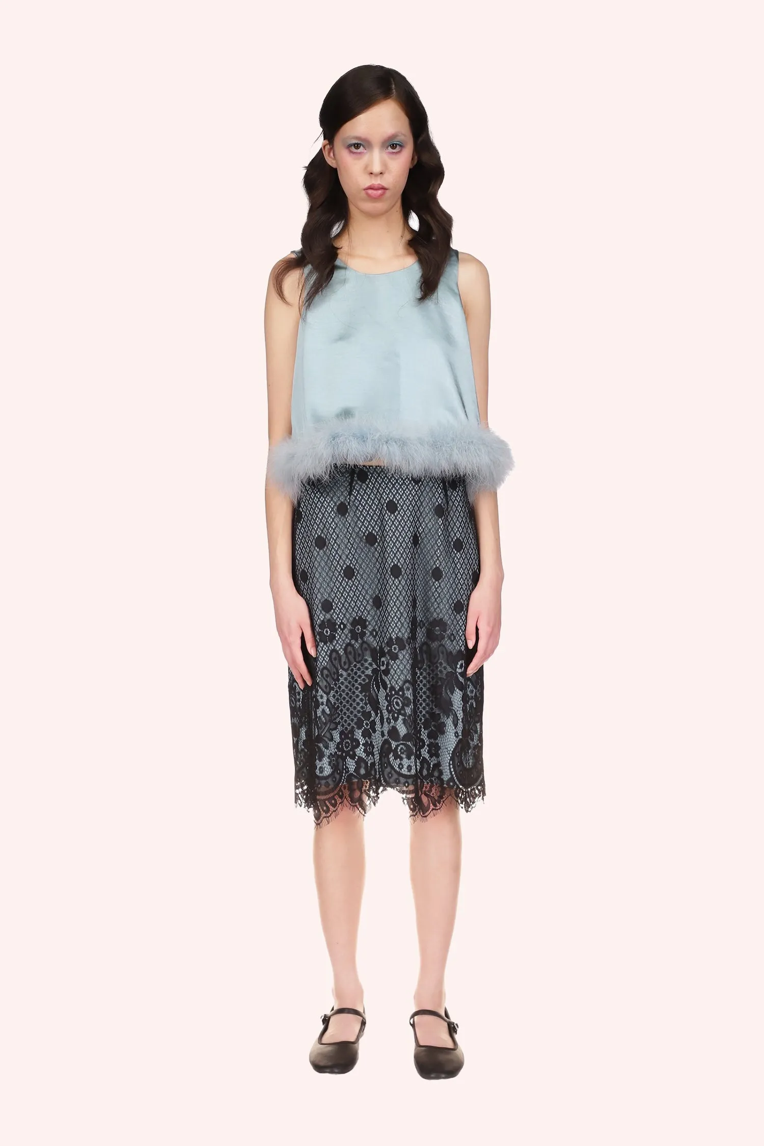 Washed Satin With Lace Top Trimmed With Marabou Feather Annasui