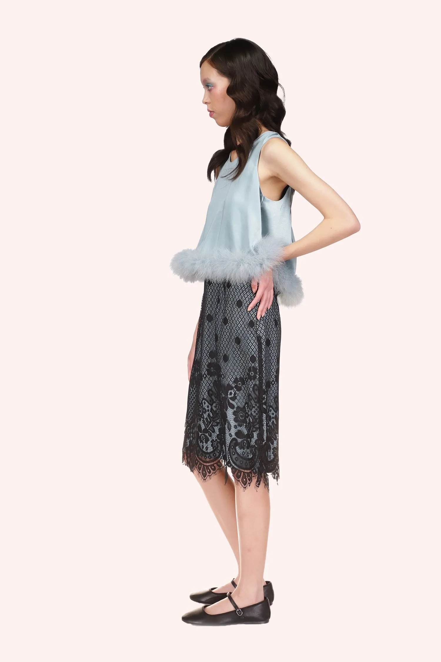 Washed Satin With Lace Top Trimmed With Marabou Feather Annasui