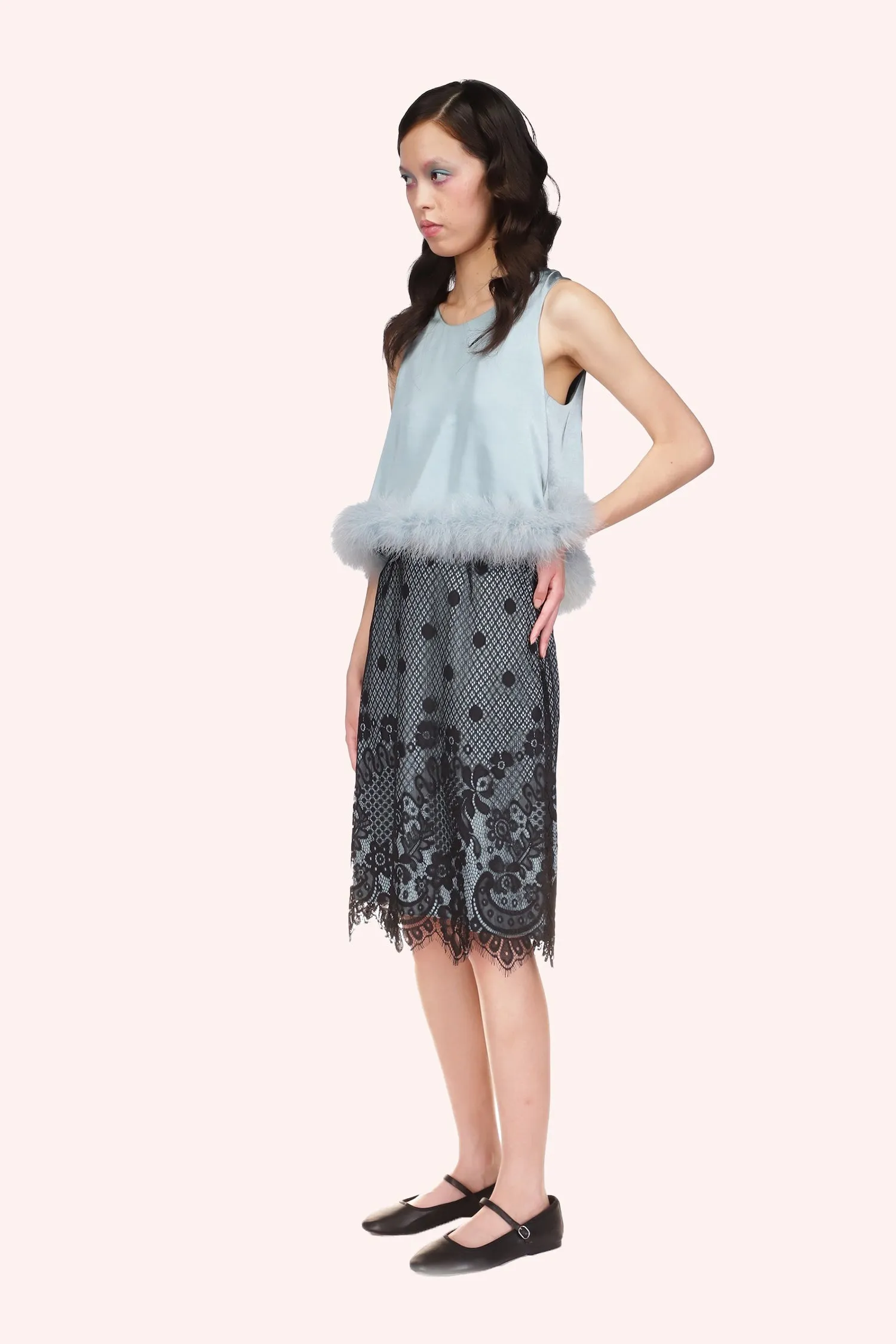 Washed Satin With Lace Top Trimmed With Marabou Feather Annasui