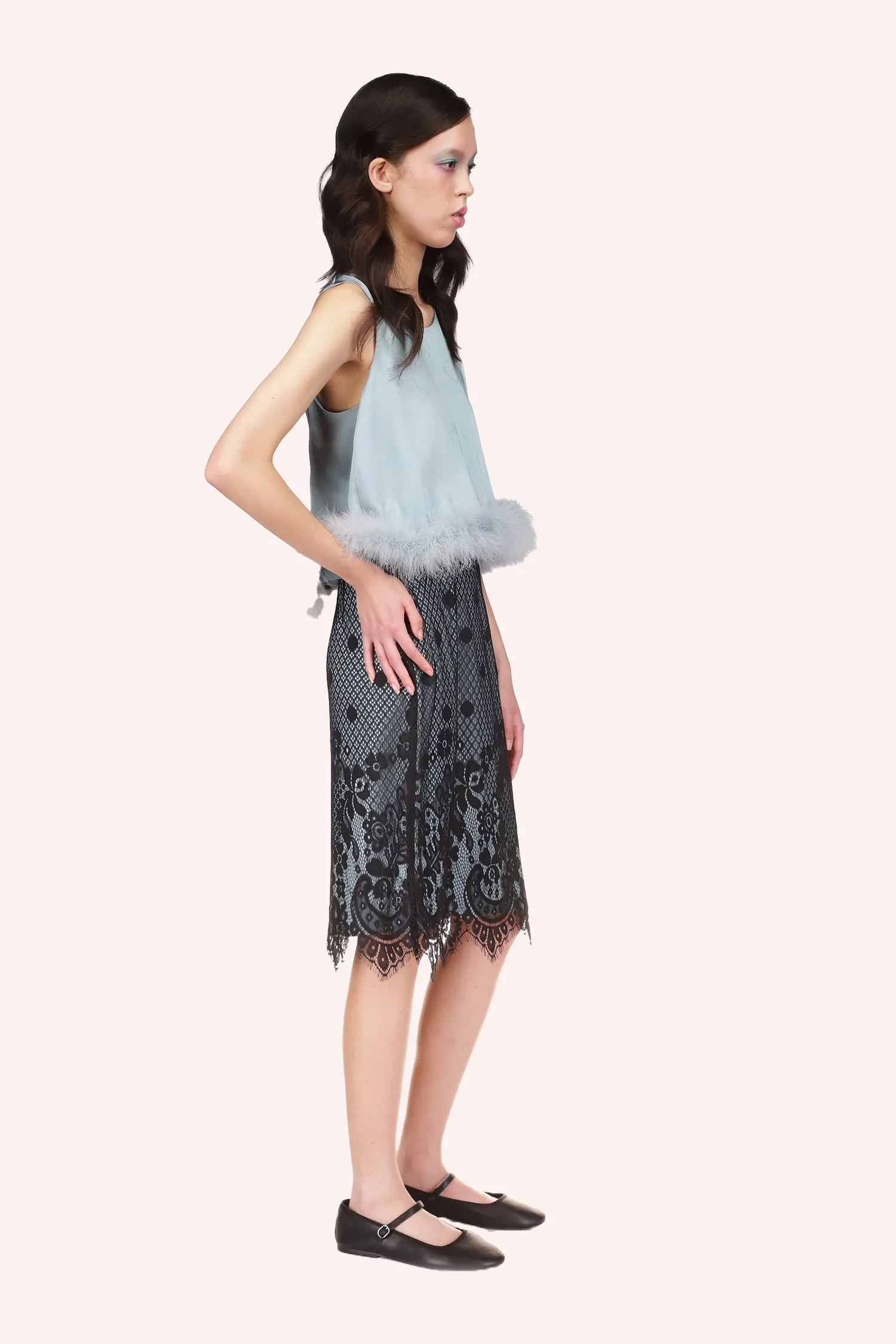Washed Satin With Lace Top Trimmed With Marabou Feather Annasui