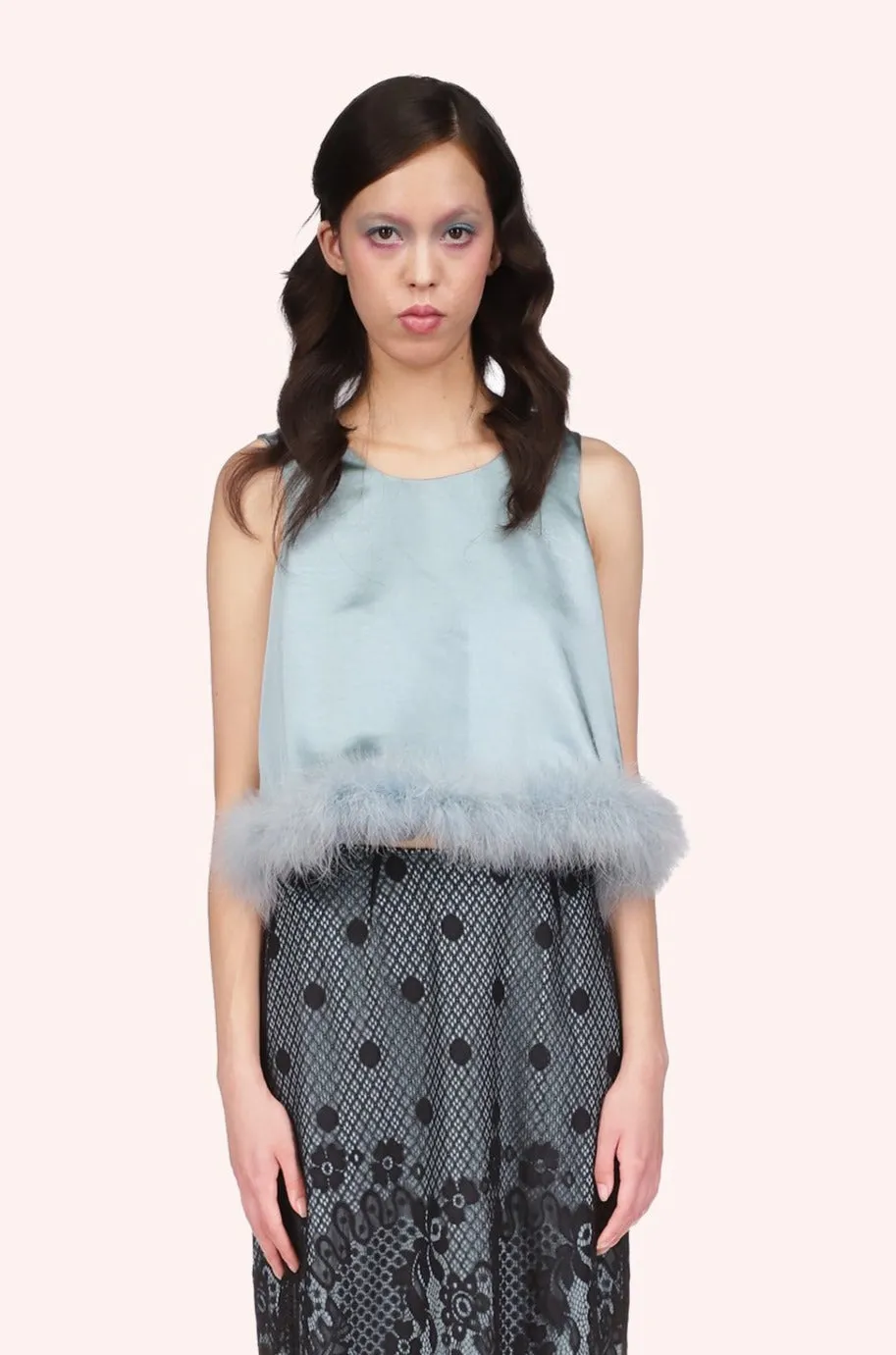 Washed Satin With Lace Top Trimmed With Marabou Feather Annasui