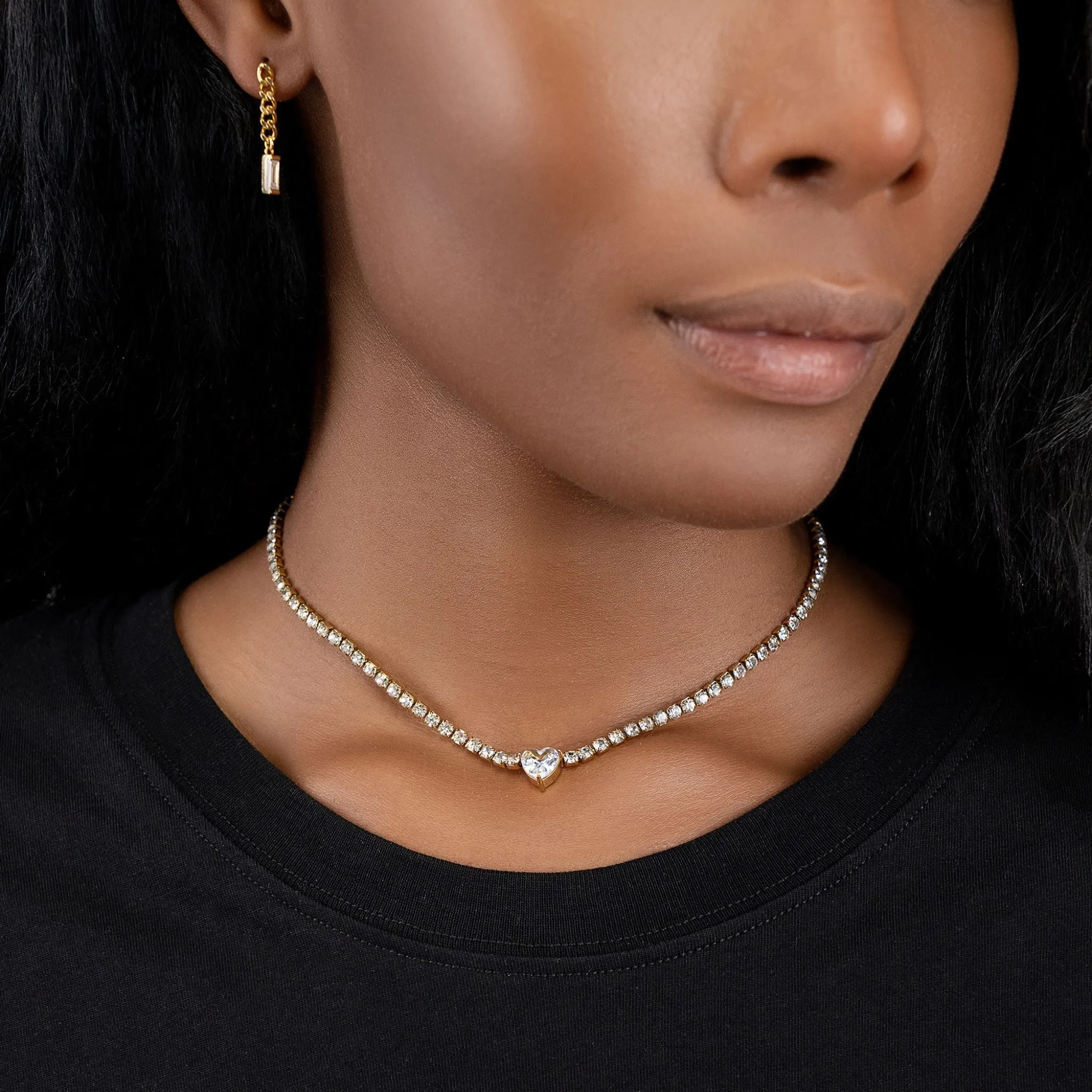 Water Resistant Crystal Heart Tennis Chain Necklace gold
