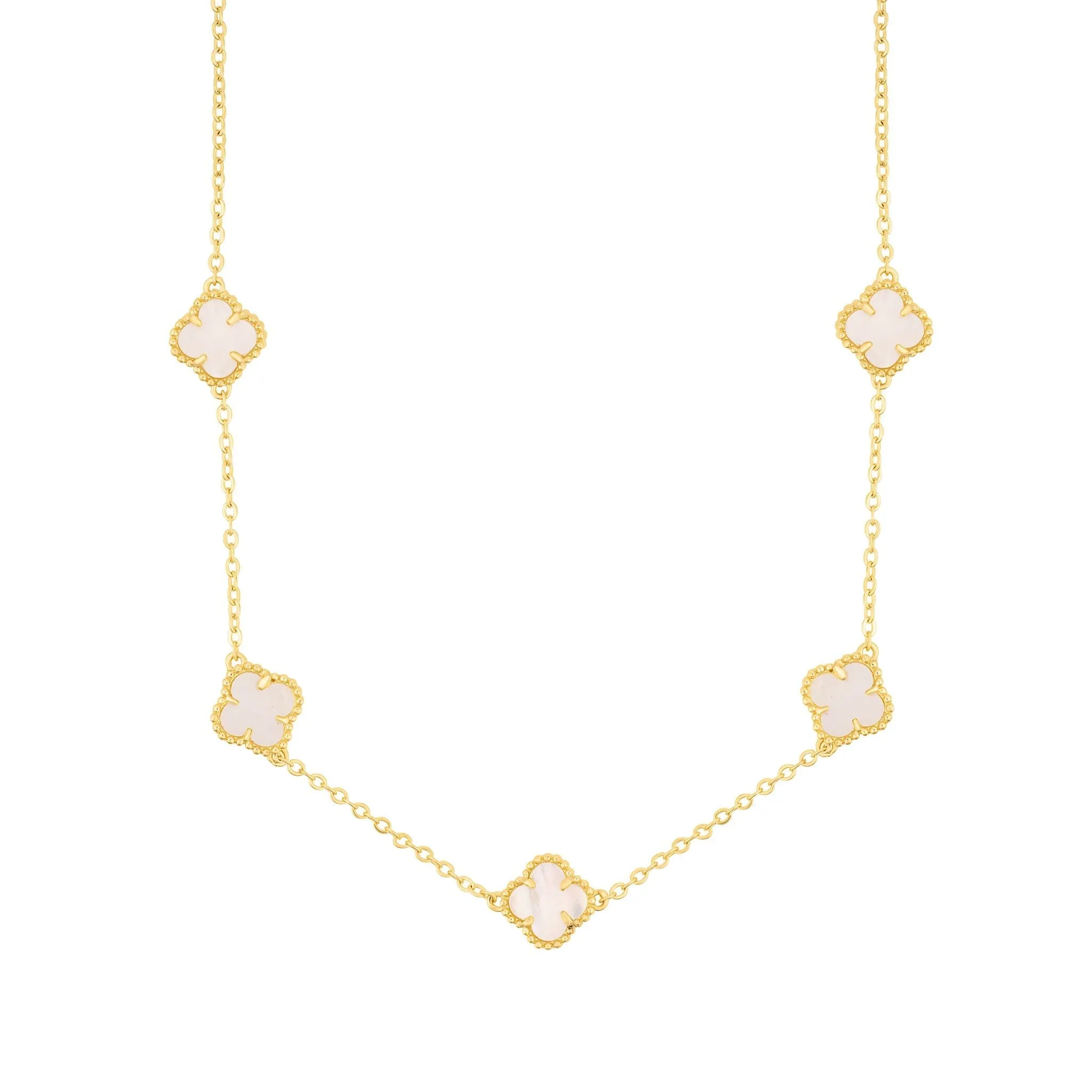 White Mother of Pearl Flower Station Necklace gold