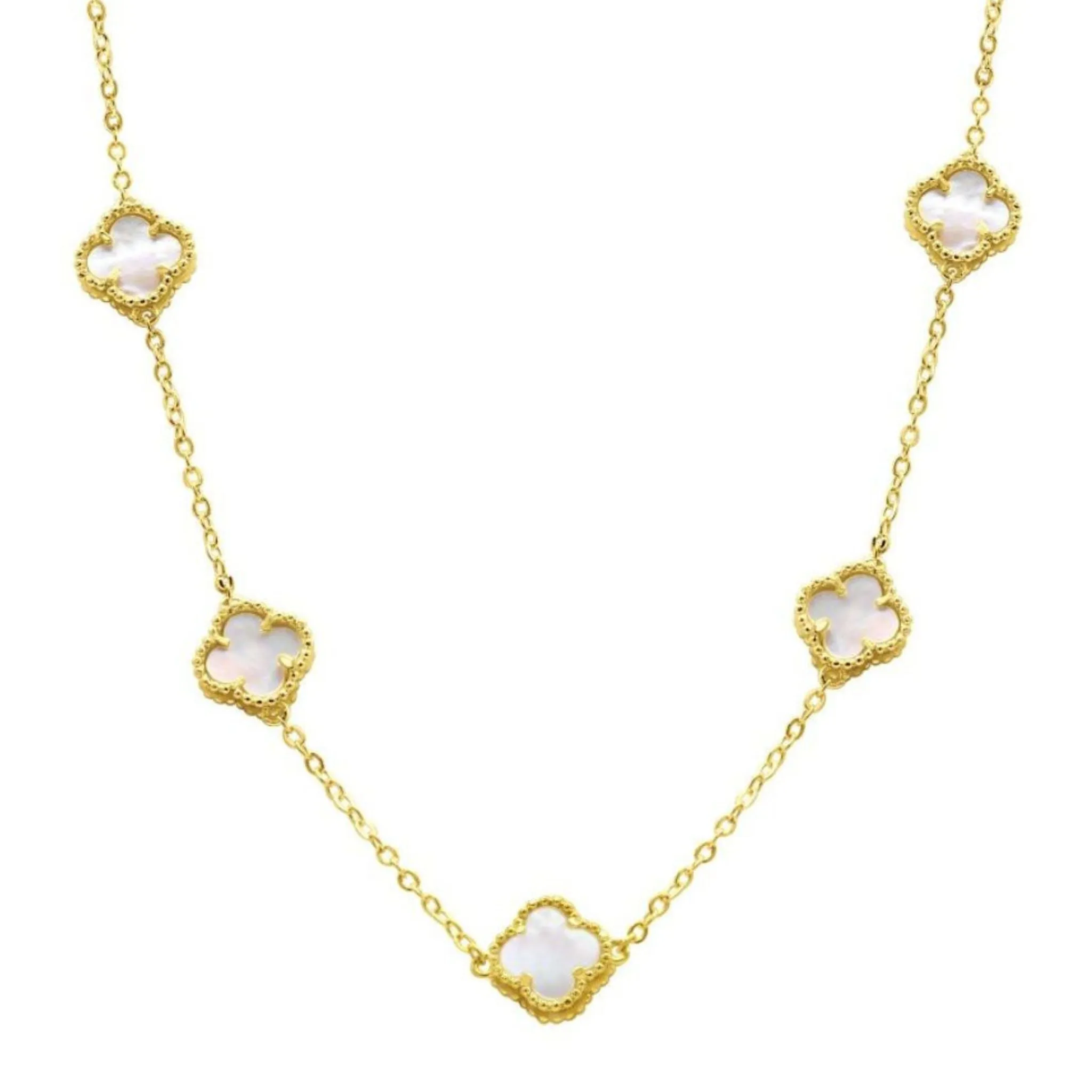 White Mother of Pearl Flower Station Necklace gold