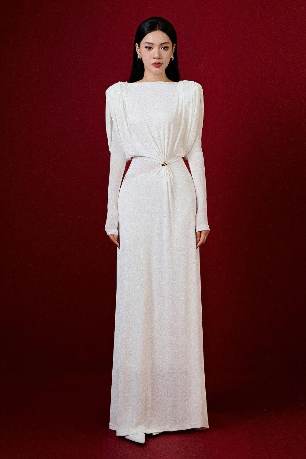 white straight boat neck knitted fabric maxi dress Gloria Lanvin