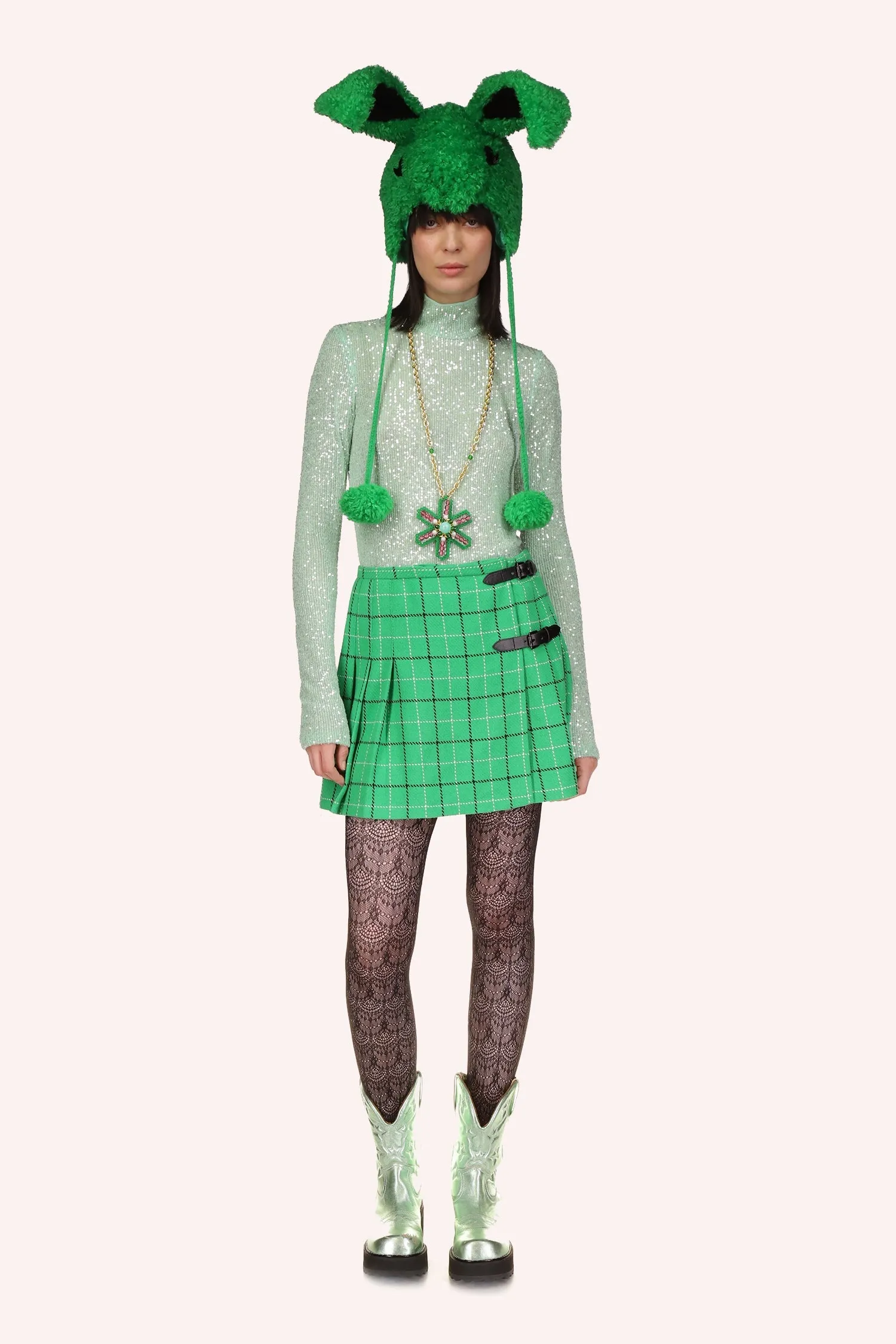 Windowpane Pleated Skirt Annasui