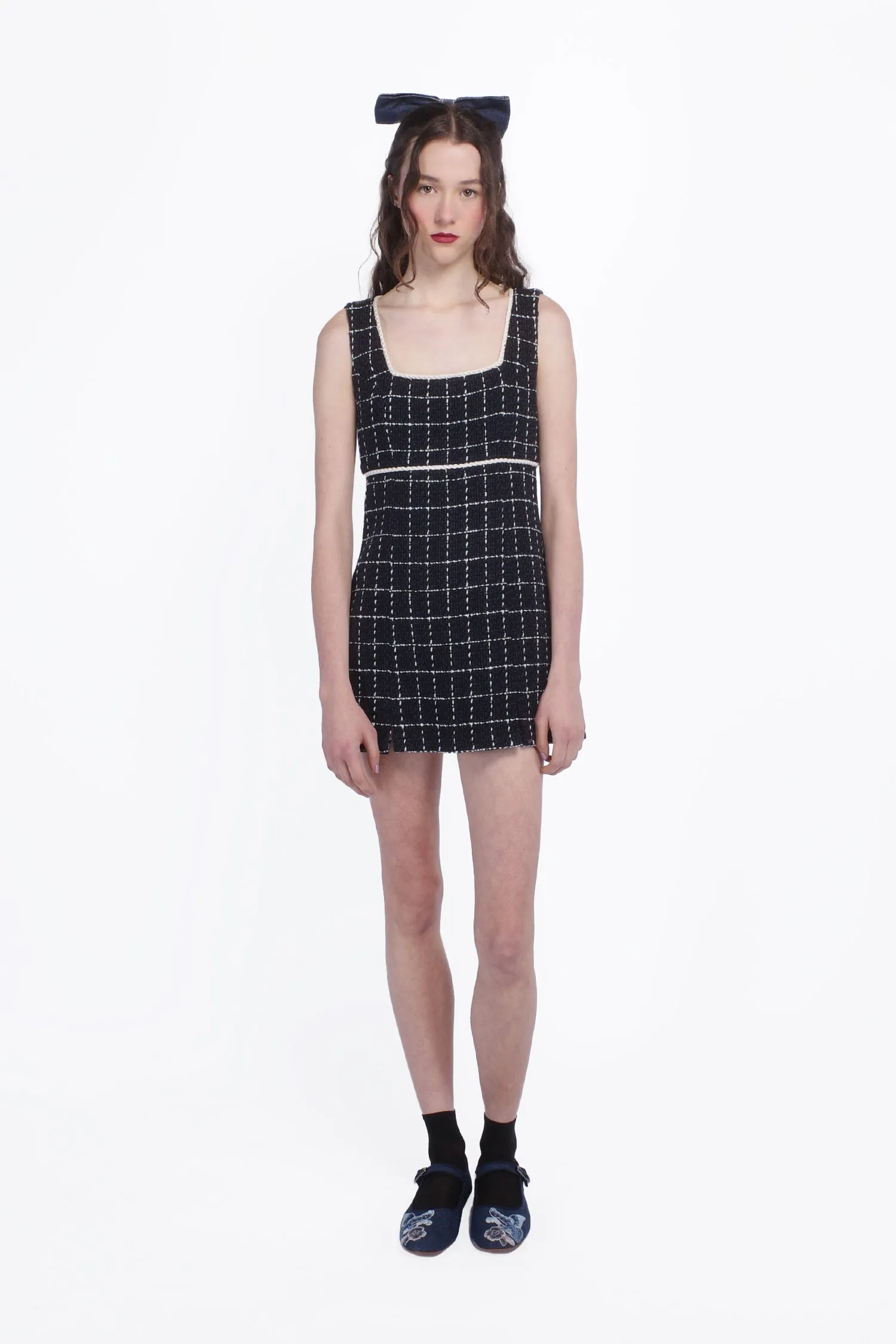 Windowpane Tweed Square Neck Mini Dress Annasui