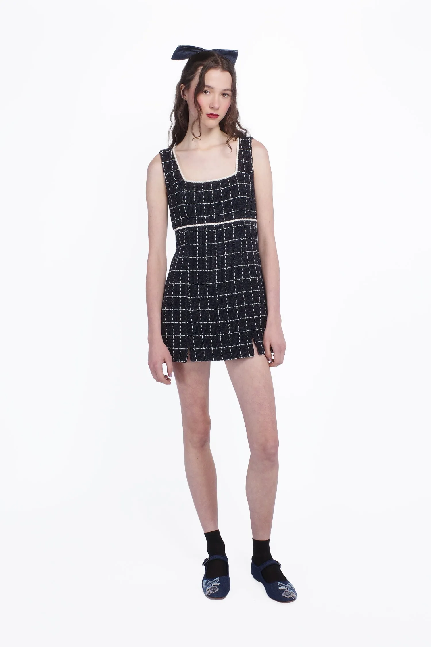 Windowpane Tweed Square Neck Mini Dress Annasui