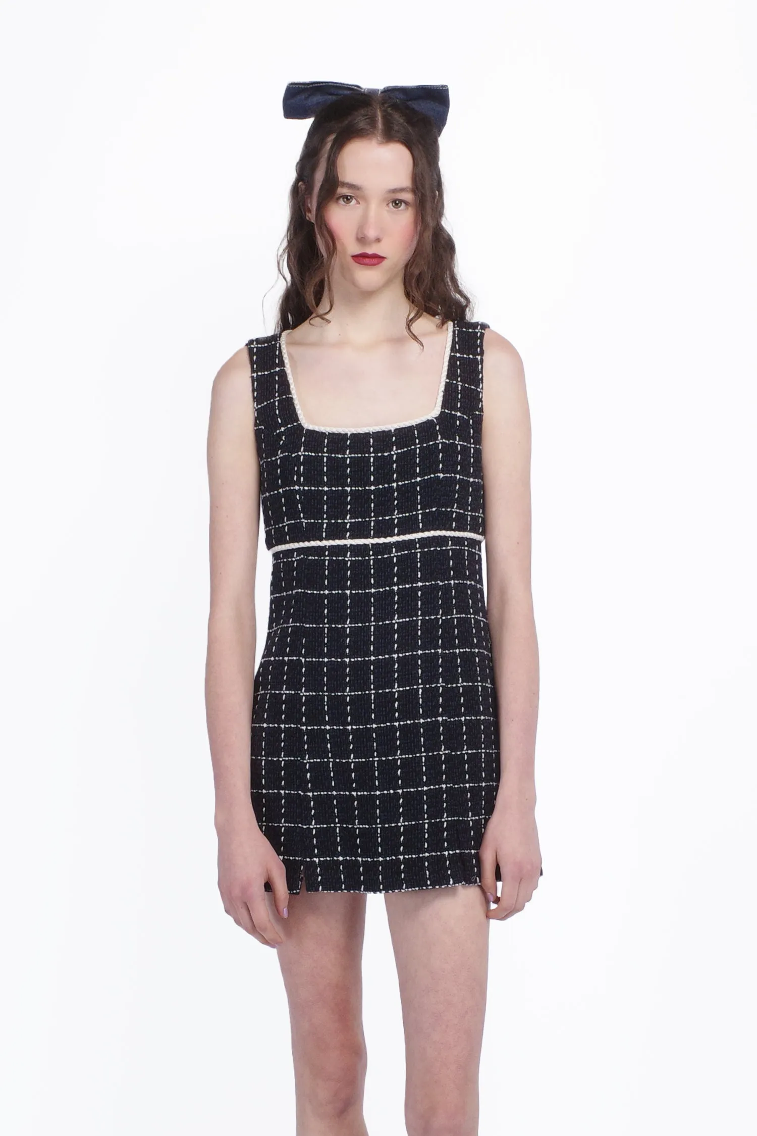 Windowpane Tweed Square Neck Mini Dress Annasui
