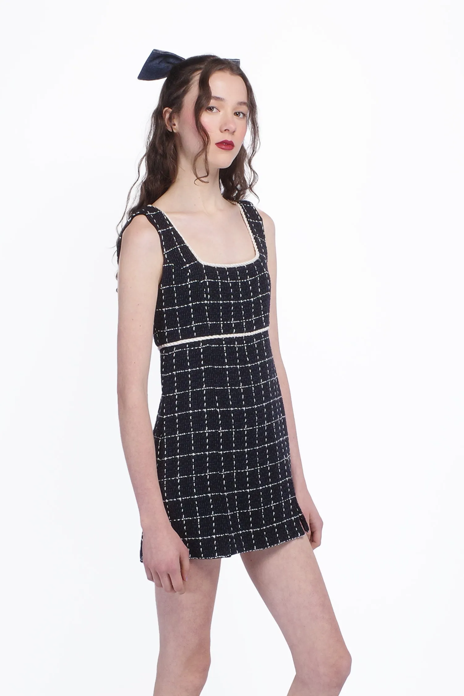 Windowpane Tweed Square Neck Mini Dress Annasui