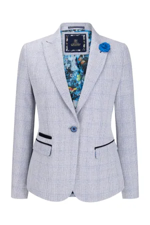 Womens Blue Check Blazer Wool Blend Herringbone Tweed