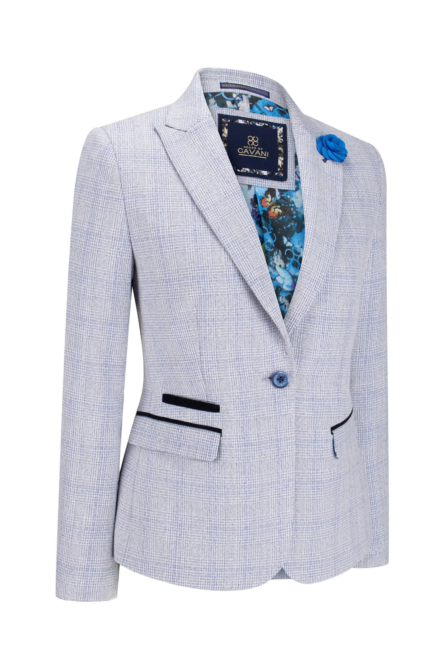 Womens Blue Check Blazer Wool Blend Herringbone Tweed